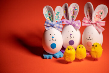 Easter eggs. funny hares. toy rabbit. toy egg. statuette easter bunny.