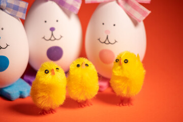 Easter eggs. funny hares. toy rabbit. toy egg. statuette easter bunny.