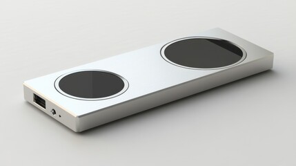 Futuristic silver metallic device with touch-sensitive controls and glossy minimalist accents.