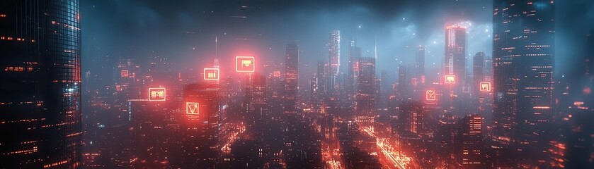 Fototapeta premium A symbolic futuristic cityscape where glowing payment icons connect global economies, dramatic cinematic hues