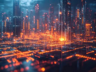 Fototapeta premium A symbolic futuristic cityscape where glowing payment icons connect global economies, dramatic cinematic hues