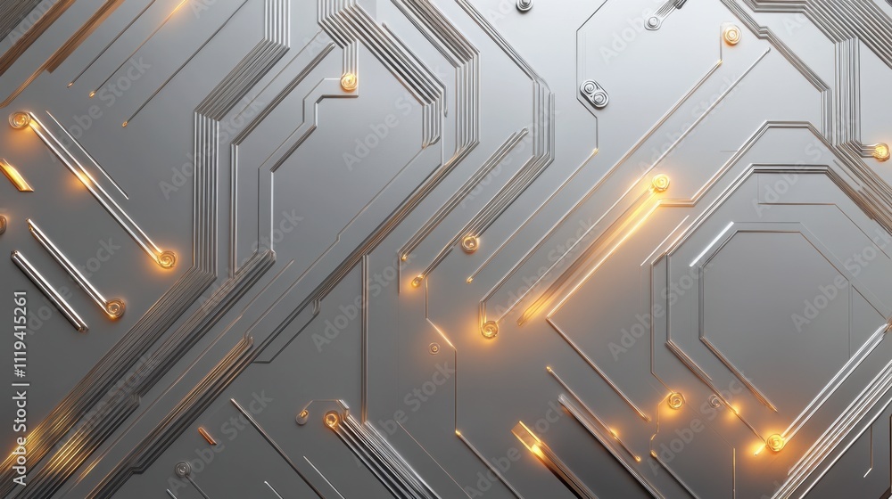 Poster futuristic silver metallic surface with smooth illuminated controls and polished geometric patterns.