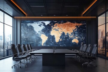 Futuristic command center displaying world map on a large screen, used for global surveillance and strategic decision-making