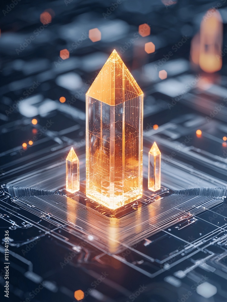 Poster crystal matrices in quantum computing chips, glowing with energy, placed inside a futuristic researc