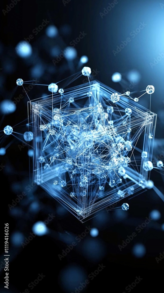 Poster abstract digital representation of crystal innovation, glowing 3d grids floating in a dark, minimali