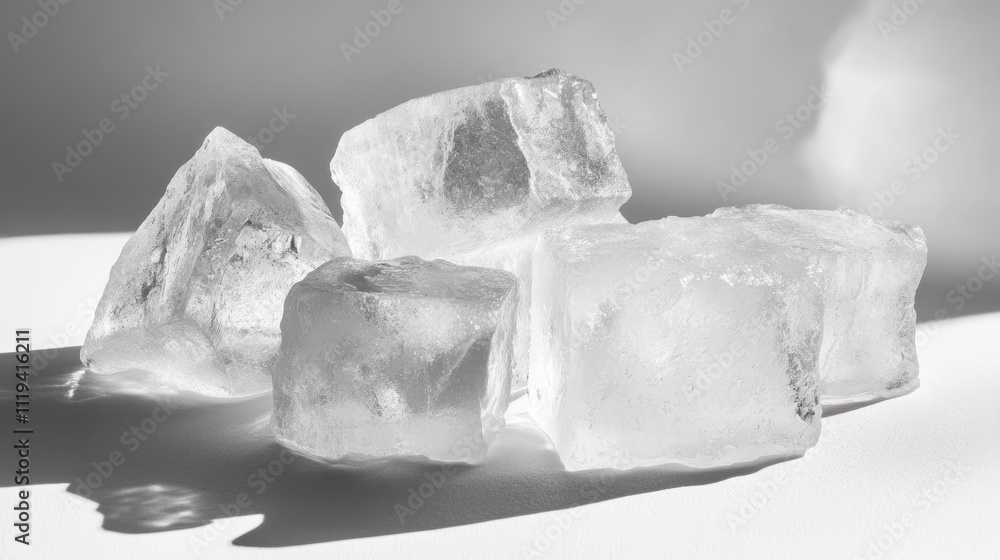 Poster close-up of several translucent ice cubes on a white background, illuminated by sunlight, casting sh