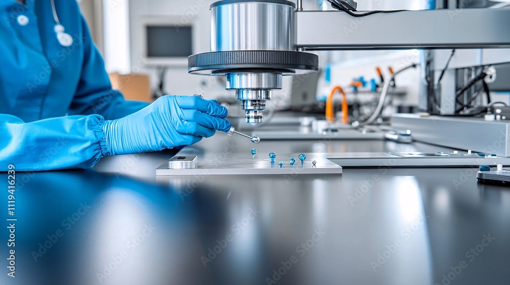Poster a laboratory technician applying a thin layer of nanocoating onto a metallic surface with precision 