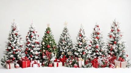 Festive christmas trees with golden stars and red baubles creating a magical winter wonderland scene