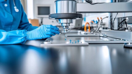 A laboratory technician applying a thin layer of nanocoating onto a metallic surface with precision tools in a high-tech lab