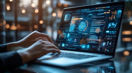 Person using laptop with futuristic interface.