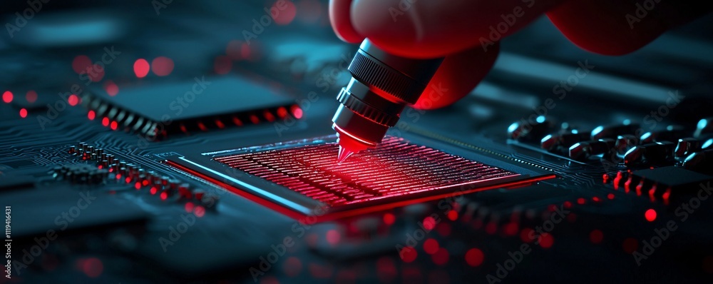 Poster researcher using advanced microscopy to analyze the durability of a newly developed composite coatin