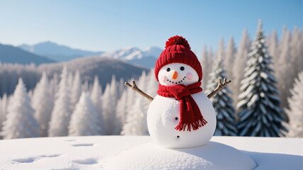 Obraz premium Snowman with hat, standing outdoors, welcoming Christmas and New Year's Day. AI generated.