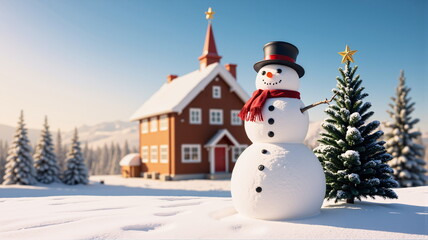 Obraz premium Snowman with hat, standing outdoors, welcoming Christmas and New Year's Day. AI generated.