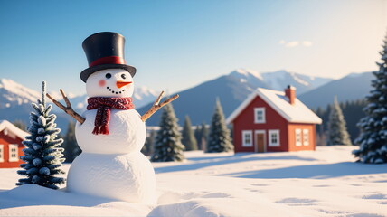 Fototapeta premium Snowman with hat, standing outdoors, welcoming Christmas and New Year's Day. AI generated.