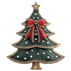 Elegant Christmas Tree with Red Bow, Stylized Christmas tree ornament adorned with white polka dots, golden accents, a red bow, and a star topper for festive decor.

