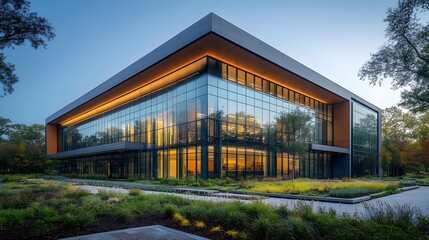 Fototapeta premium A large building with a glass facade and a green lawn in front of it