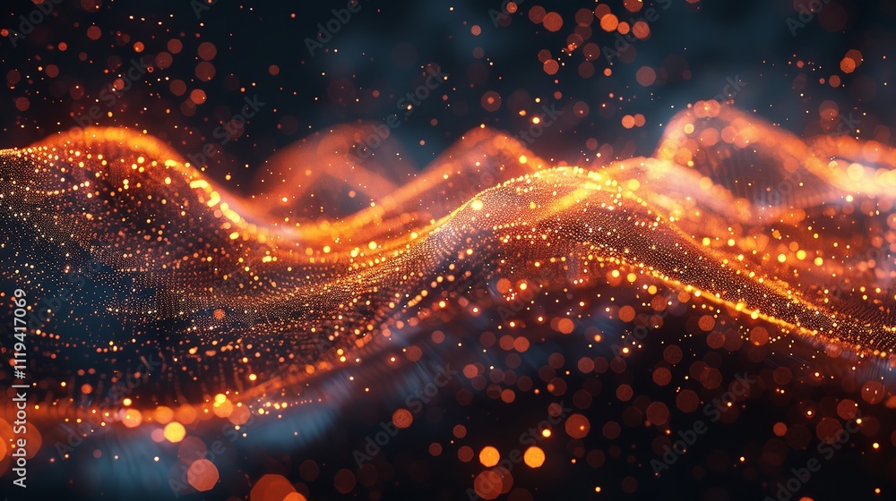 Poster tech data particles - abstract background with digital waves technology background.