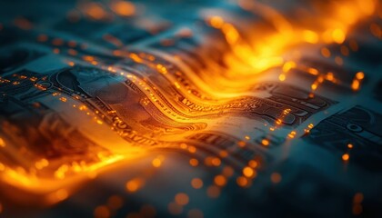 A symbolic glowing overlay of exchange trends flowing through banknotes, dramatic cinematic shadows and depth