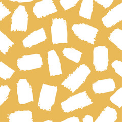 Abstract Brush Strokes Seamless Pattern. Modern Hand Drawn Texture. White Ornament on Gold Background.