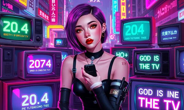 Vibrant cyberpunk world comes alive with a striking character in neon-lit city streets
