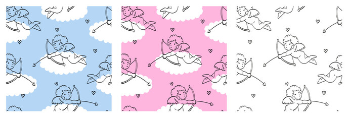 Cupid with Hearts and Arrows Backgrounds. Set of Valentine’s Day Patterns. Hand Drawn Illustration of Angels.