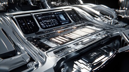 Glossy silver metallic setup with illuminated controls and polished, minimalist accents for a futuristic feel.