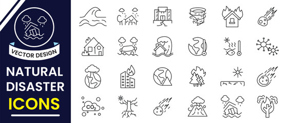 Natural disasters line icon, pollution,  earthquake, volcano, tsunami,  flood, destruction, sinking, hurricane, desert, drought, disaster. Natural disaster icon, vector set. Vector illustration.
