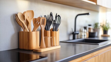Modern kitchen utensils in bamboo holder on countertop.
