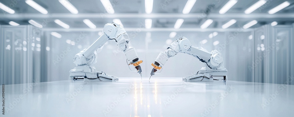 Poster industrial robots applying advanced coatings on metal sheets, emphasizing precision and uniformity