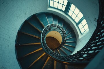 Obraz premium Intricate spiral staircase inside lighthouse coastal location architectural detail bright environment aerial view concept of navigation and light