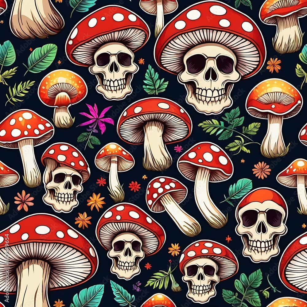 Poster mushroom skull seamless pattern: a whimsical and macabre pattern featuring a repeating motif of red-