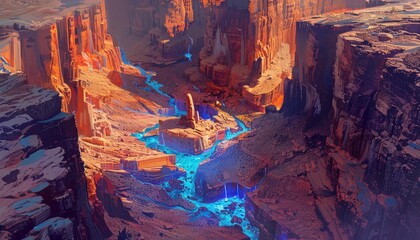 Alien Canyon With Glowing Blue Water Streams