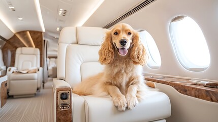 Adorable Golden Cocker Spaniel Relaxing in Luxurious Private Jet Cabin with Modern Interior and Bright Natural Light Illuminating the Space