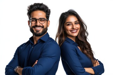 happy indian businessman and businesswoman standing together on white background