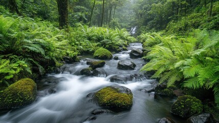 Serene rainforest stream flowing over mossy rocks amidst lush ferns and mist.