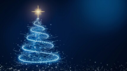A glowing abstract Christmas tree made of spiraling blue light particles with a radiant golden star at the top, set against a deep dark blue background on the right side, evoking a magical and festive