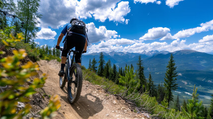 Fototapeta premium Mountain biker navigating a scenic trail surrounded by lush trees and mountains under a bright blue sky