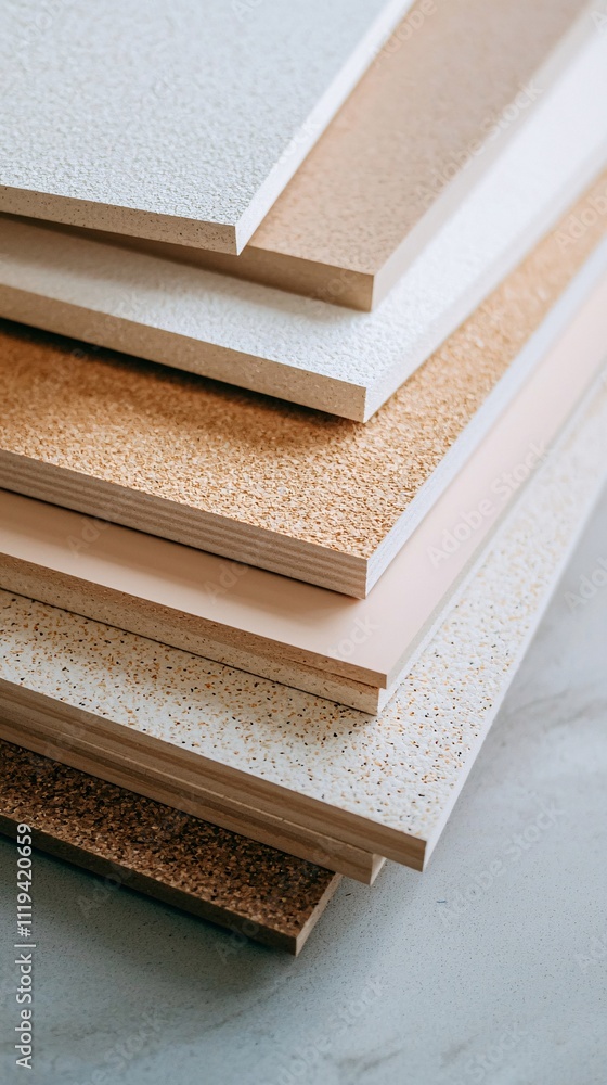 Poster a stack of composite material panels with different colors and textures displayed in a clean manufac