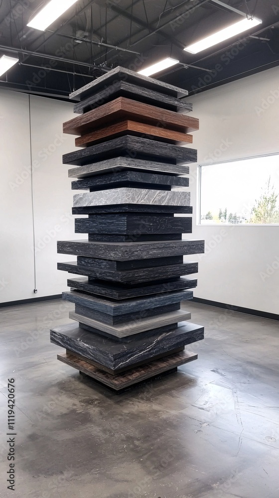 Poster a stack of composite material panels with different colors and textures displayed in a clean manufac