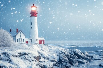 Majestic lighthouse illuminating snowy coastal landscape in winter capturing tranquility and serenity at dawn a stunning seascape view for photography lovers