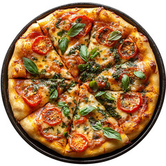 Top view of herb and tomato pizza on a dark iron skillet isolated on a white transparent background