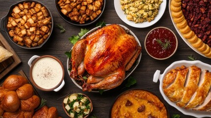 Lavish Thanksgiving Dinner Served on a Beautifully Decorated Table with a Roasted Turkey as the Centerpiece Surrounded by Traditional Side Dishes and a Loving Family Enjoying the Joyful Together
