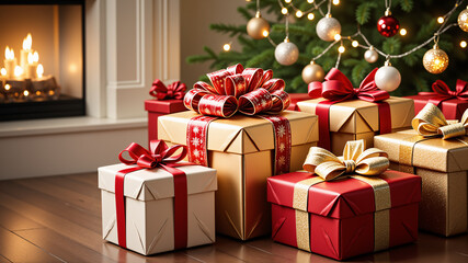 Many gift cameras are placed in front of the Christmas tree in the house. AI generated.