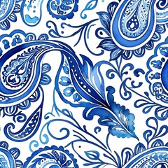Blue Paisley Watercolor Pattern: A captivating seamless design featuring intricate paisley patterns in shades of blue, reminiscent of traditional Indian textiles.