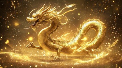 Golden dragon in a dynamic pose, surrounded by shimmering light, representing fortune and success.