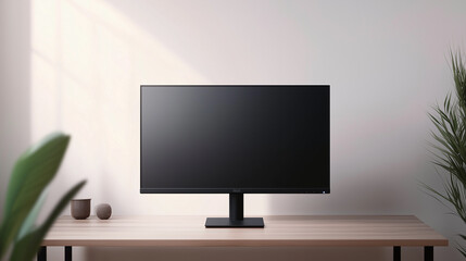 Modern computer monitor mockup with glossy black wide screen, placed on minimalist wooden table, Ai generated images