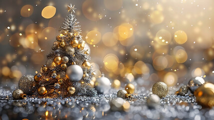 A shimmering Christmas tree adorned with golden lights in a snowy, festive scene surrounded by romantic and sparkling decorations.