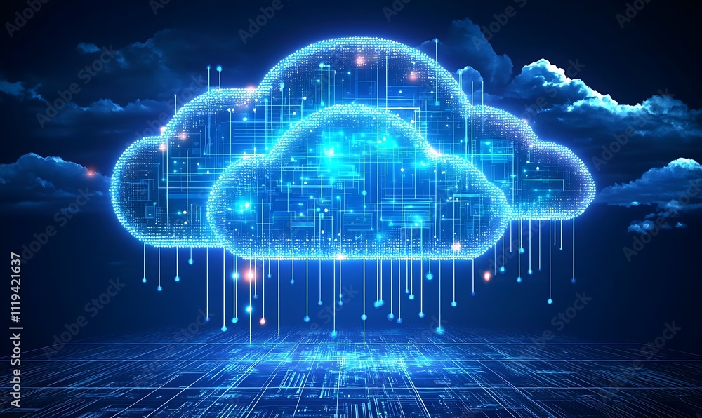 Poster abstract digital cloud computing concept on a dark blue background, generative ai