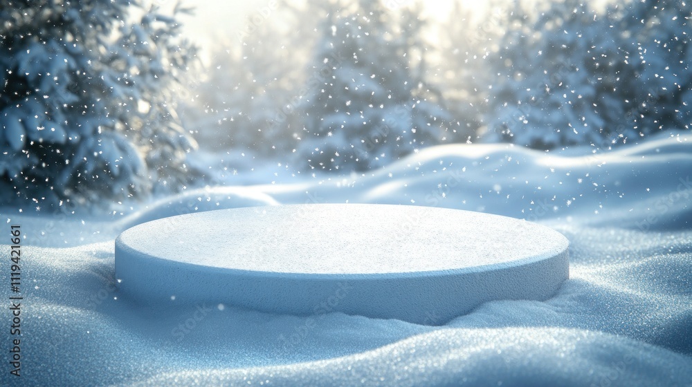 Poster snowy winter scene with a circular platform in the snow.
