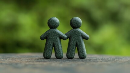 Symbolic abstract figurines showcasing the concept of successful teamwork in a natural outdoor environment